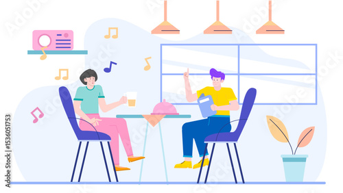 Two people at a cozy cafe with music and drinks. Perfect for socializing, leisure, and enjoying time with friends.