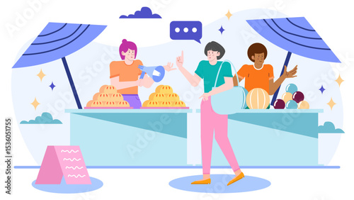 Market scene showcasing vendors interacting with a customer in a bustling marketplace setting. Ideal for showcasing local commerce and diversity.