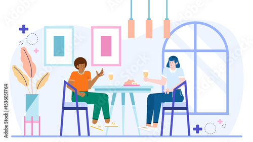 Two friends dining at a small table together. Suitable for illustrating friendship, dining experiences, and social gatherings in smaller settings.