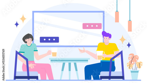 Two people enjoying coffee at a small table. Perfect for cafe promotions, lifestyle blogs, coffee shop advertisements, and leisure themed designs.