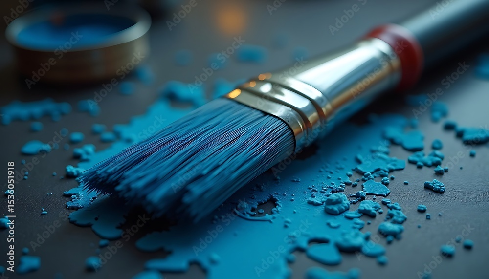 Obraz premium Close-up of paintbrush with blue paint splattered on dark surface