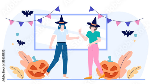 Two witches in hats near jack-o-lanterns celebrate Halloween. Perfect for spooky themed designs and festive holiday projects.