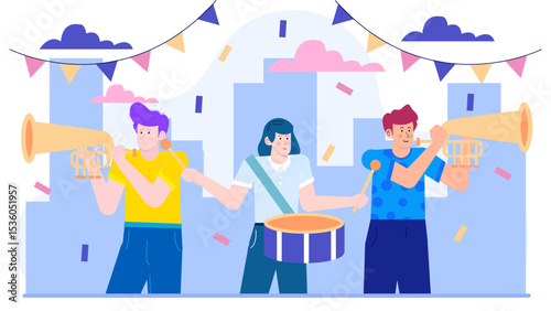 Three musicians perform trumpets and drums at a lively street festival. Perfect for music events, festive celebrations, and cultural publications.