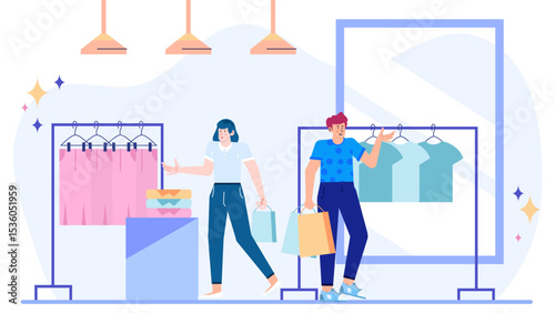 Couple shopping for clothes in a boutique. Perfect for fashion blog posts, retail advertisements, lifestyle magazines, and social media.