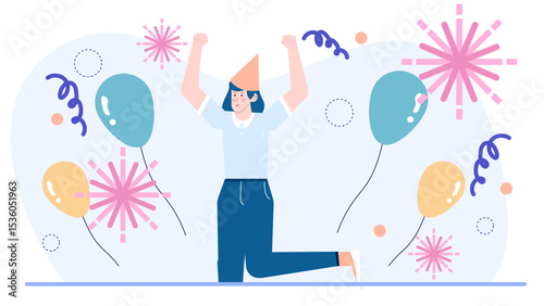 Joyful person celebrating balloons and fireworks suitable for party invitations, event promotions, festive social media posts, holiday advertising.