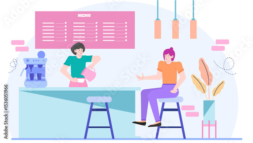 Coffee shop scene captures a barista and customer interaction. Perfect for cafe promotions, small business marketing, and coffee themed designs.