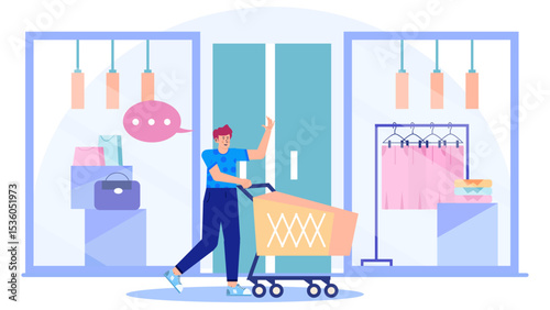 Man pushing shopping cart outside clothing store. Suitable for retail, shopping, consumerism concepts in design, marketing, advertising materials.