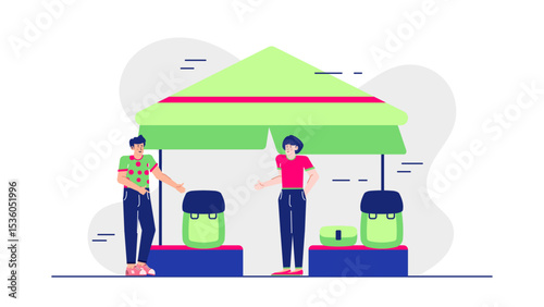 Two people selling backpacks under a green tent at an outdoor market. Suitable for marketing outdoor gear or event promotion.