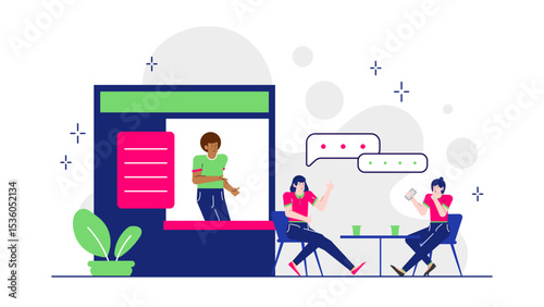 Three people chatting by a cozy shopfront. Ideal for illustrating social interaction, small business support, and community engagement concepts.