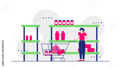 Woman shopping at a store with a cart filled with groceries. Supermarket, shopping, food, grocery, lifestyle, consumerism, convenience, store, retail, everyday life, shopping cart.