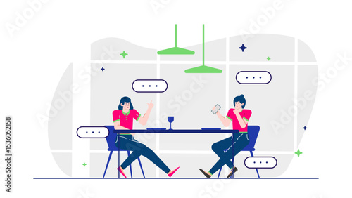 Two women dine at a table casually using their phones. Suitable for illustrating modern dining habits, social media addiction, and technology use.