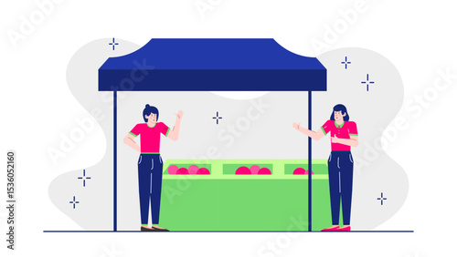 Two women selling pink produce at a market stall. Suitable for promoting local farmers markets and showcasing fresh fruits and vegetables.
