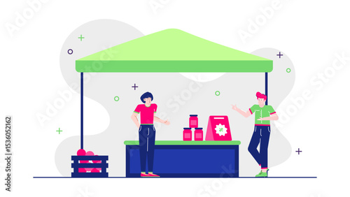 Market stall with jars of preserved fruit. Suitable for food blogs, travel articles, and advertising local produce in markets.