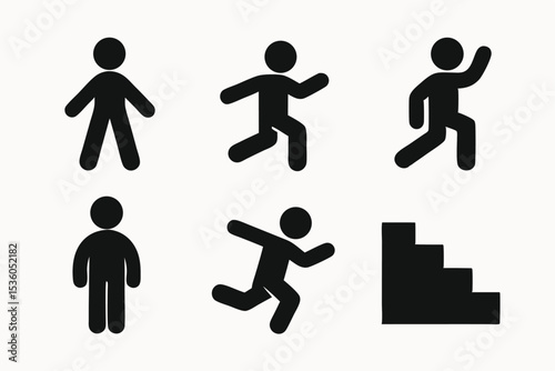 Simple Stick Figure Icons Standing, Running, Climbing Stairs