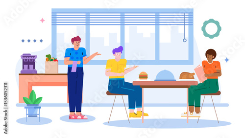 Three friends dining in a vibrant kitchen, suitable for promoting friendship, food, togetherness, and lifestyle content across various platforms.