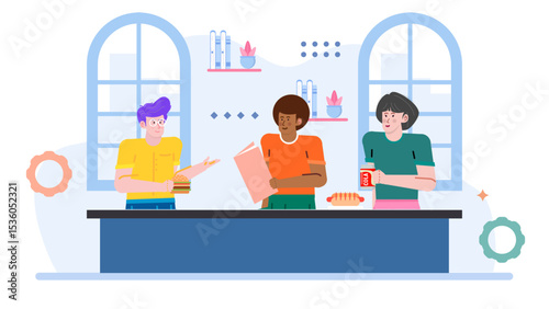 Three friends lunch together counter. Suitable for restaurant promotions, socializing concepts, and friendshipthemed designs. Perfect for lifestyle blogs and advertisements.