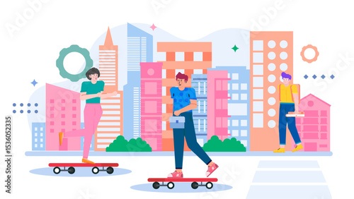 Three people skating near city buildings, skateboard lifestyle, urban skaters, skateboarding in the city, active young adults, skateboarders in action.