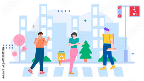Three pedestrians cross a city street near a recycle bin. Suitable for urban environmental awareness or city life concepts. Great for illustrating sustainable practices in an urban setting.