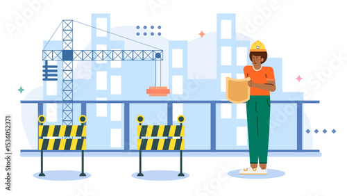 Worker reviewing blueprints at a construction site. Suitable for construction, engineering, architecture, and business concepts. Builder analyzing plans on site.
