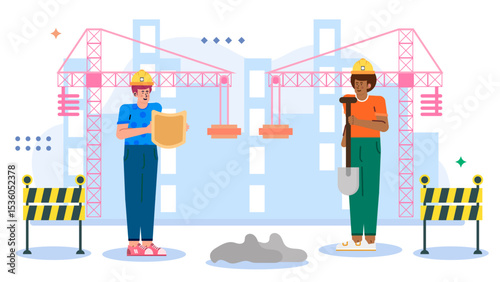Two construction workers at work site with pink cranes and barriers. Suitable for construction industry blog or website.