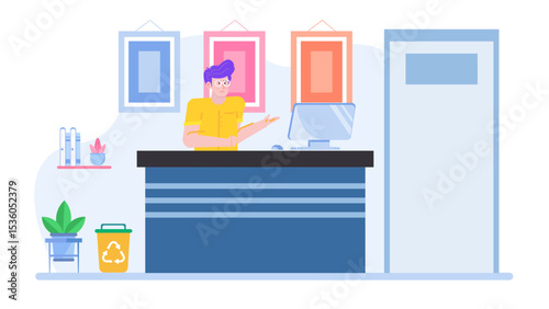 Man working at a computer behind a reception desk. Suitable for office, business, technology, customer service, and professional concepts.