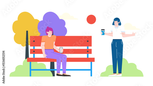 Two women enjoy nature by sitting near trees in a park. Suitable for lifestyle, leisure, friendship, outdoor activities, relaxation concepts.