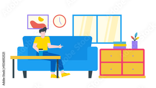 Man sitting on blue couch points to yellow dresser. Suitable for home decor, interior design, furniture store promotions, or apartment rental ads.