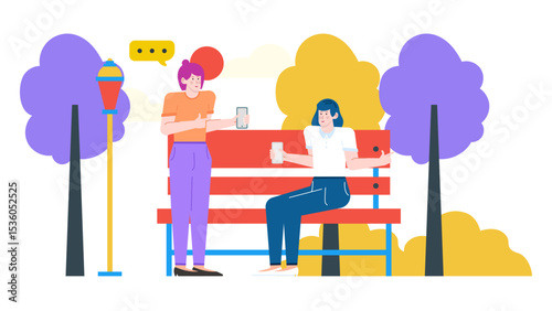 Two women on a park bench chatting happily while using phones. Suitable for illustrating modern communication, friendship, or technology themes.