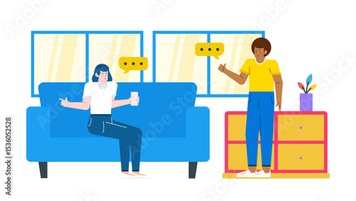 Two people chatting near a blue couch, ideal for website headers, social media posts, blog content, or lifestyle articles.