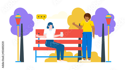 Two people on park bench with phones by lampposts. Suitable for illustrating modern technology use, social interaction, or urban lifestyle themes.