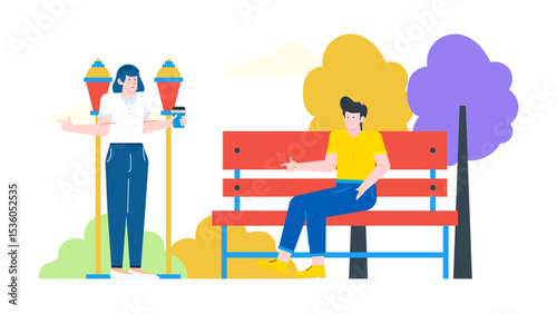 Woman serving coffee to man on park bench. Suitable for coffee shop promotions, outdoor activities, friendship, relaxation, and social interaction themes.