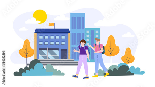 Two students walking near a school building on a sunny day. Suitable for educational and backtoschool concepts in design projects.