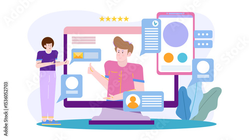 Online client feedback featuring a delighted user. Perfect for showcasing customer satisfaction, testimonials, online reviews, business success, or happy customers.