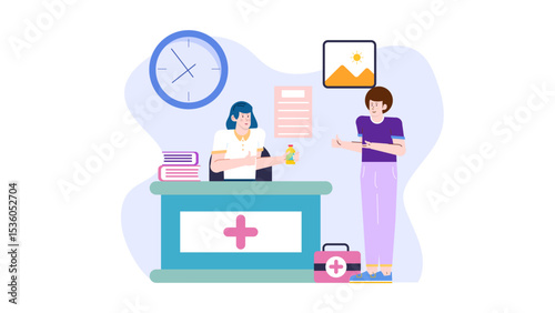 Person at a clinics reception receiving medicine. Suitable for medical and healthcare concepts in stock photography for web and print.