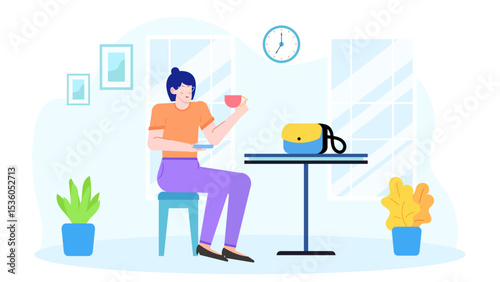 Woman sips coffee at a cozy table by a window. Perfect for cafe, relaxation, morning routine, lifestyle, happiness, and leisure concepts.