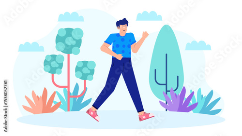 Man enjoying a vibrant park stroll. Suitable for summer themed designs, nature advertisements, lifestyle blogs, and outdoor activity promotions.