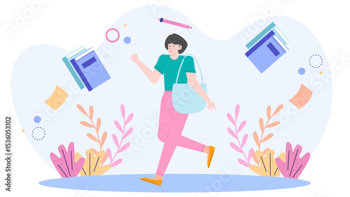 Woman happily carries books and a tote bag. Ideal for educational, lifestyle, backtoschool, and collegethemed designs and concepts.