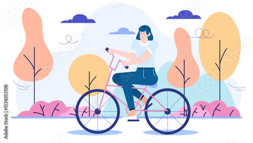 Woman rides pink bicycle through stylized park, suitable for lifestyle blogs, health and wellness brands, outdoor activity promotions, and travel content.