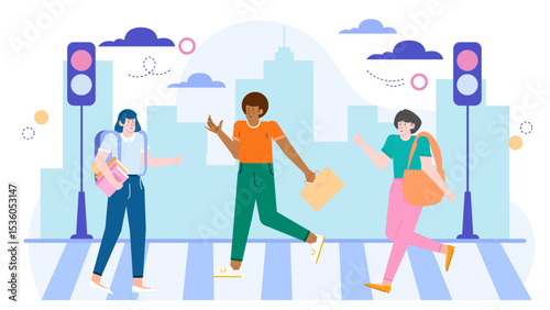 Three people crossing a city street near traffic lights. Suitable for urban lifestyle, city commute, pedestrian safety campaigns, and transportation graphics.