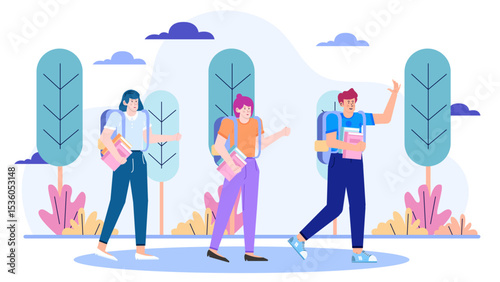 Three students with backpacks walk outdoors among stylized trees. Suitable for educational, back to school, outdoor activity, and academic concepts.