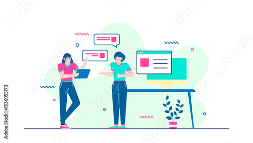 Two women working on a project discuss ideas near a desktop computer. Suitable for collaboration, teamwork, and office concepts.