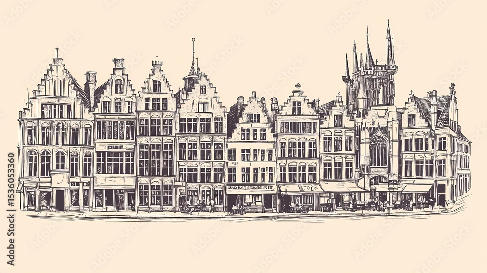 Obraz premium Hand-drawn illustration of european city buildings.