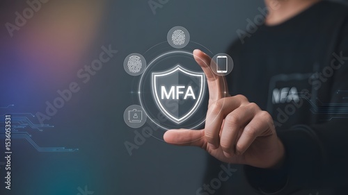 MFA, Multi-Factor Authentication Security Concept. Person touching virtual MFA shield icon with various security icons, representing multi factor authentication and digital identity protection.
