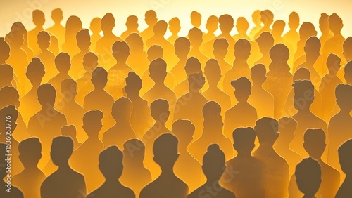 Gathering of diverse shadows at sunset cityscape silhouette artwork warm glow wide angle social unity concept