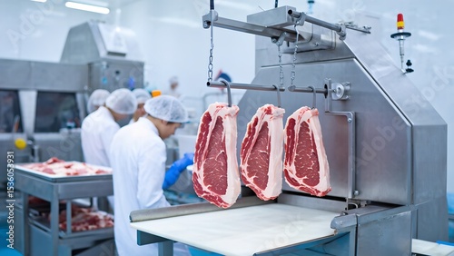 Meat processing action in a modern facility industrial environment focused viewpoint on quality control