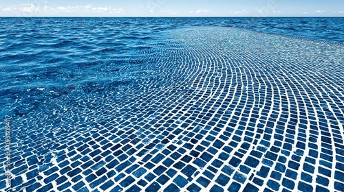 Blue mosaic tiles reflecting in water.