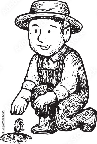 A delightful black-and-white sketch of a young farmer in a hat and overalls planting a seedling, capturing the essence of rural growth in a farmer activity illustration