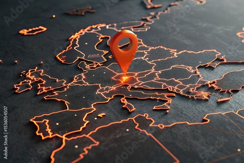 Glowing orange locator pin on europe map