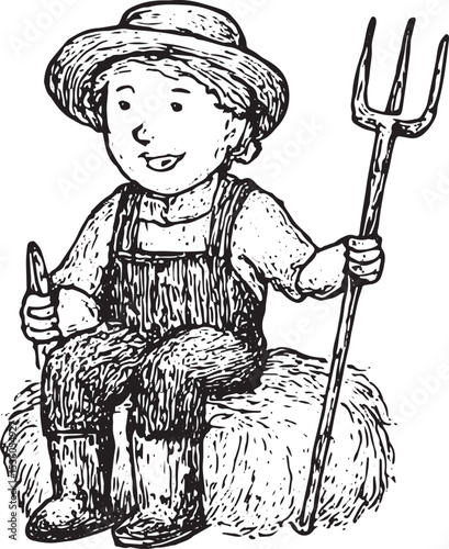 A relaxed farmer sitting with a pitchfork, shown in a black-and-white illustration capturing a moment of rest in rural farm life