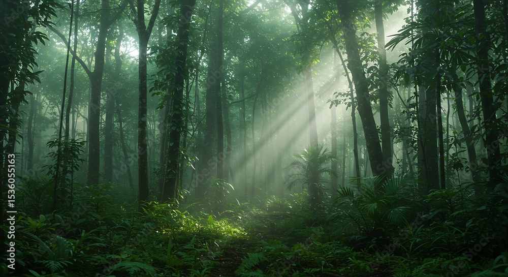 Fototapeta premium Mystical Sunbeams Piercing Through Lush Rainforest Canopy